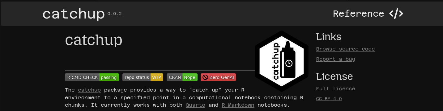 screenshot of the top of the catchup documentation website, containing a navbar, package title, logo, badges, description and a sidebar with links